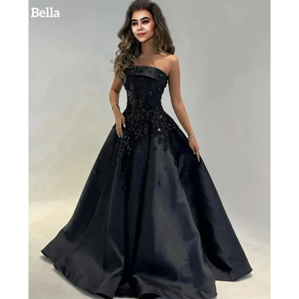 

Bella Customized Black Strapless A-Line robes de soirée Sleeveless 3D Flowers Party Dresses Floor-Length Zip Prom Dress 2025