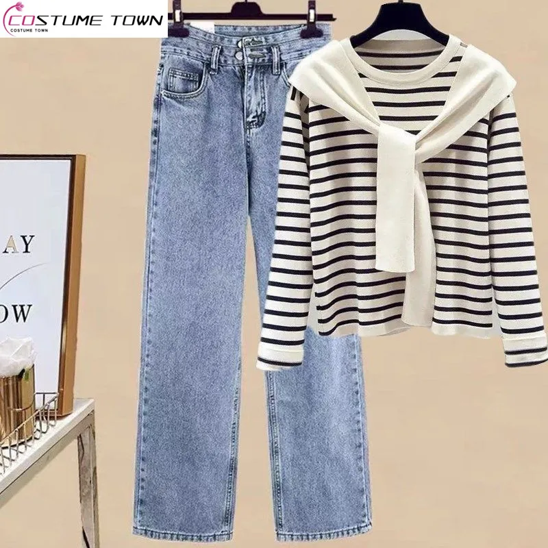 

Set 2023 New Spring and Autumn Academy Style Knitwear Women+High Waist Reduced Age Jeans Women's Two Piece Set