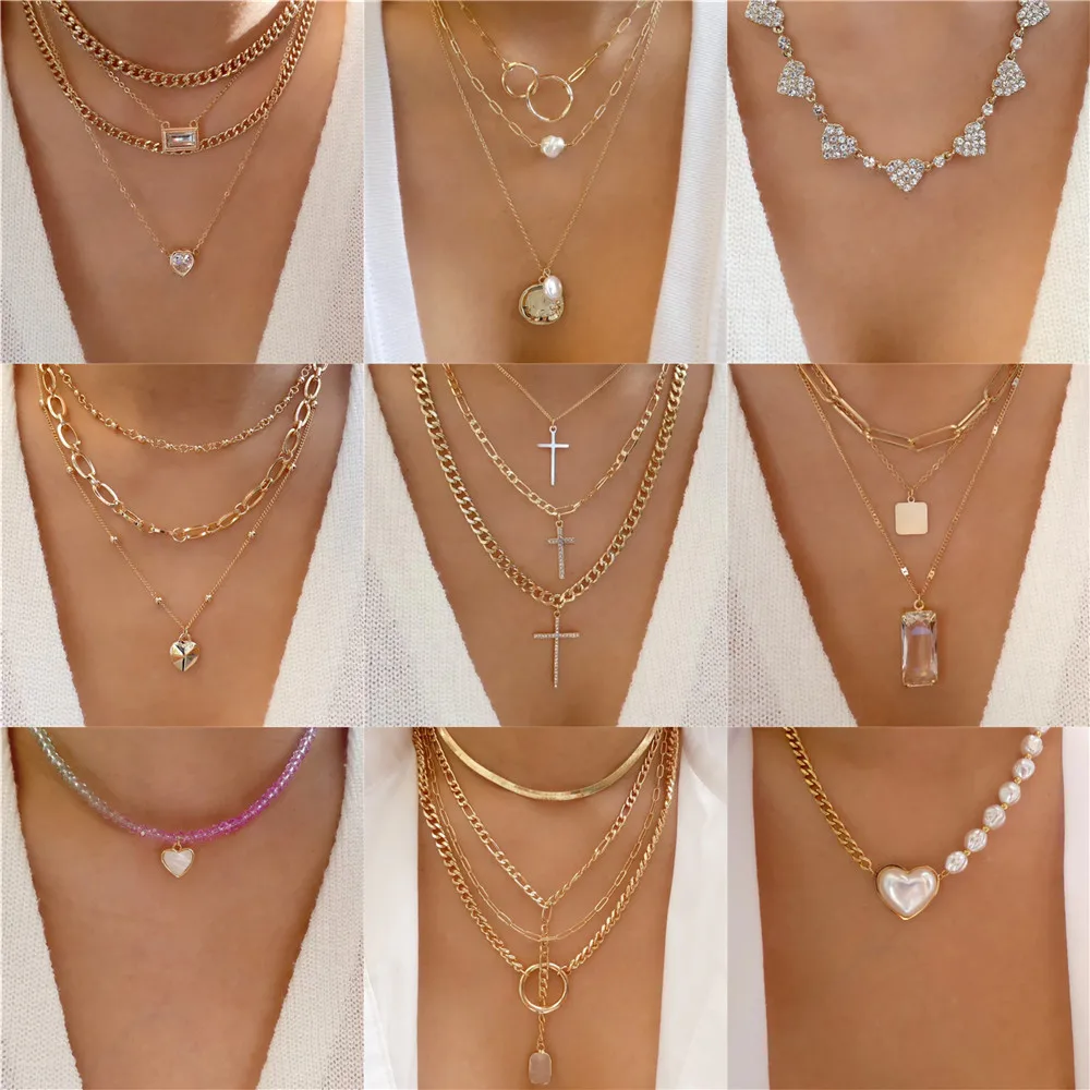 New Vintage Fashion Artificial Pearl Chain Crystal Heart-shaped Cross Pendant Necklace For Women Female Multilevel Punk Jewelry