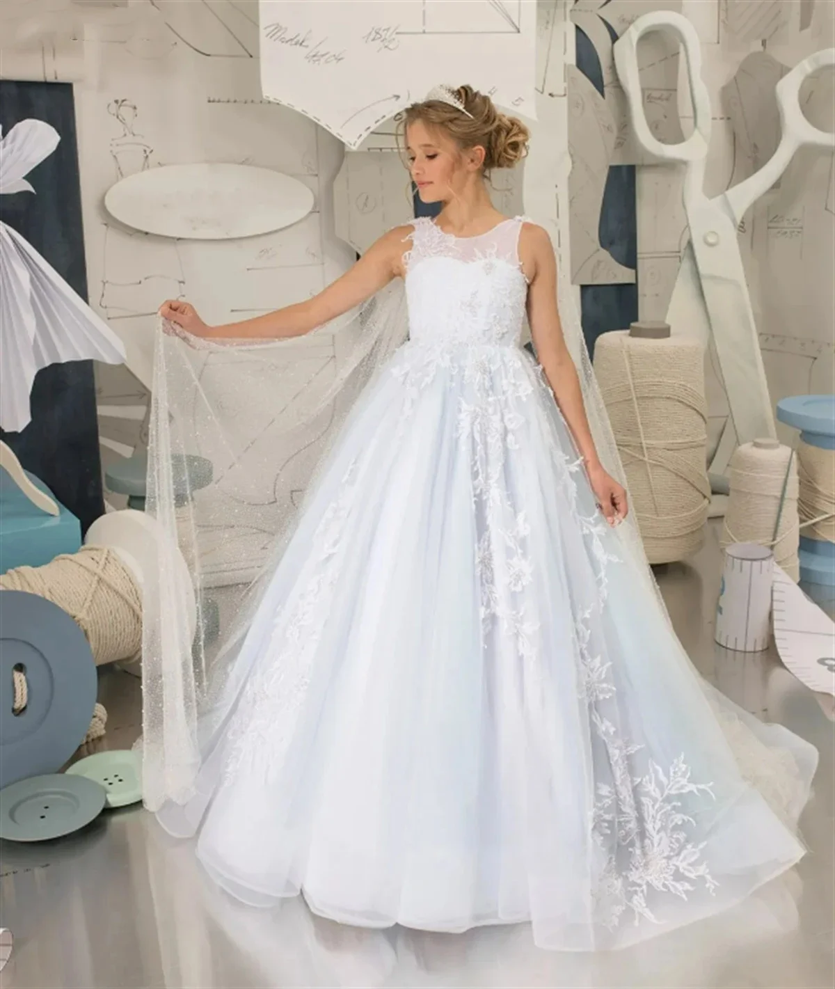 Robe élégante en tulle avec appliques en fibre de fleur pour fille, longueur au sol, robes de mariage, fête d'anniversaire chariste, première année de l'enfant