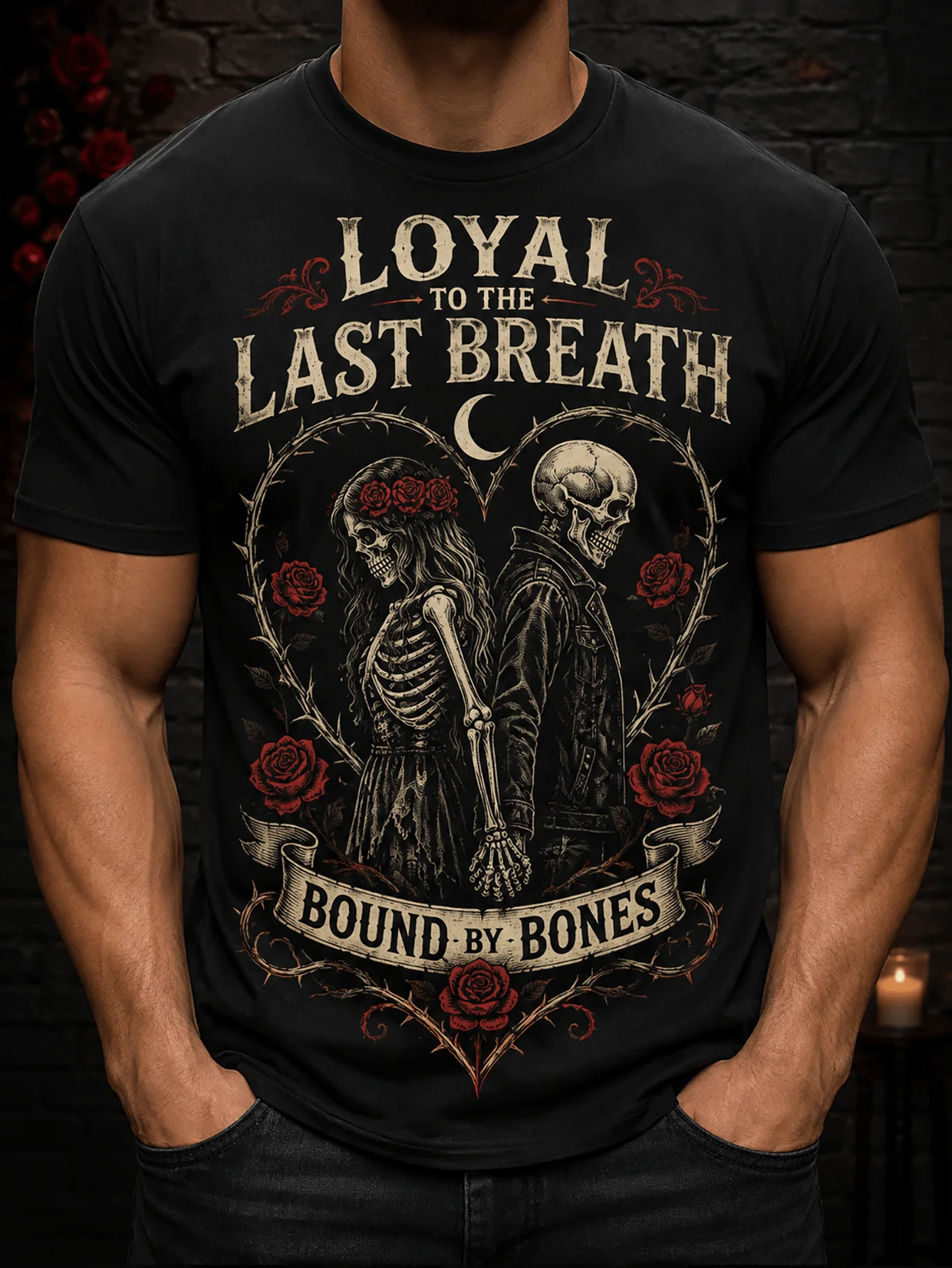 Men's T-shirt Skeleton Couple Loyal Love Rose Print Gothic Retro Dark Style Halloween Funny T-shirt