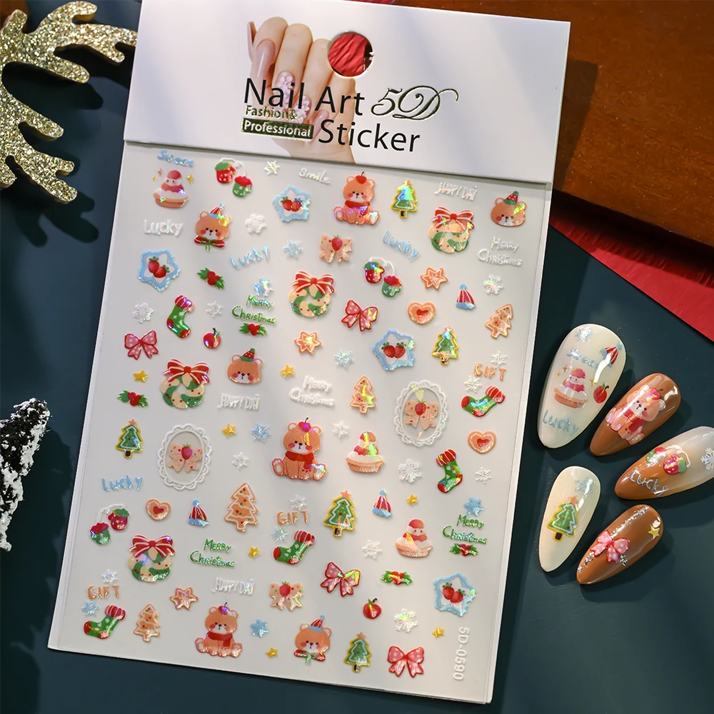 5D أورورا عيد الميلاد الكرتون سانتا كلوز/جرس/الدب مسمار ملصقات-1 قطعة Kawaiii الوردي الأحمر عيد الميلاد ندفة الثلج ملصق مائي ذاتية اللصق المنزلق