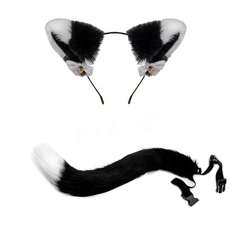 QQ Cat Cat Ear Bow Headband Necklace Claw Gloves Cosplay Plush Bell Women Girl Masquerade Party Black White Stripes Tail Socks - view 2