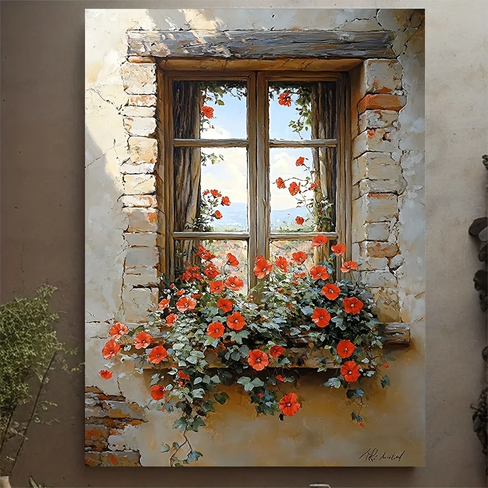 Frameless Canvas Painting 2D Flat, No Frame, Vintage Window Scene Canvas Artwork For Wall Decoration Featuring A Rustic Stone Wi