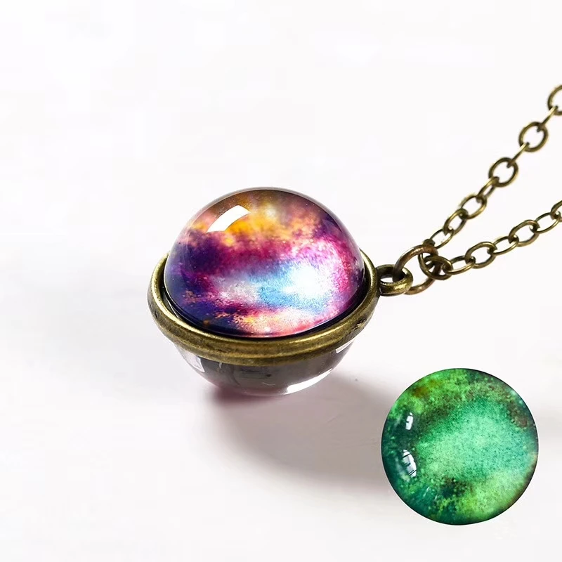 Universe Planet Earth Glass Luminous Double-Sided Retro Pendant Necklace For Women Men Galaxy Nebula Cosmic Art Picture Jewelry