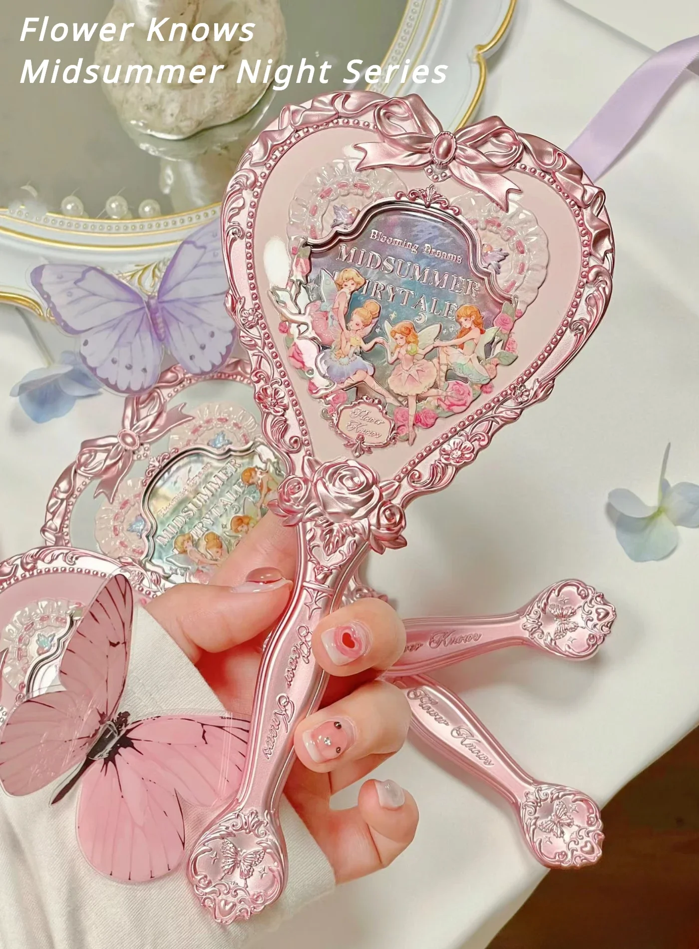 

Flower Knows Midsummer Night Series Handheld Mirror Love Shaped Cute Makeup Tool