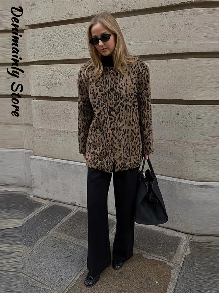 Vintage Women's Leopard Printed Fleece Coats Loose O-neck Full Sleeve Single Breasted Pockets Jackets 2026 Autumn Lady Outwear