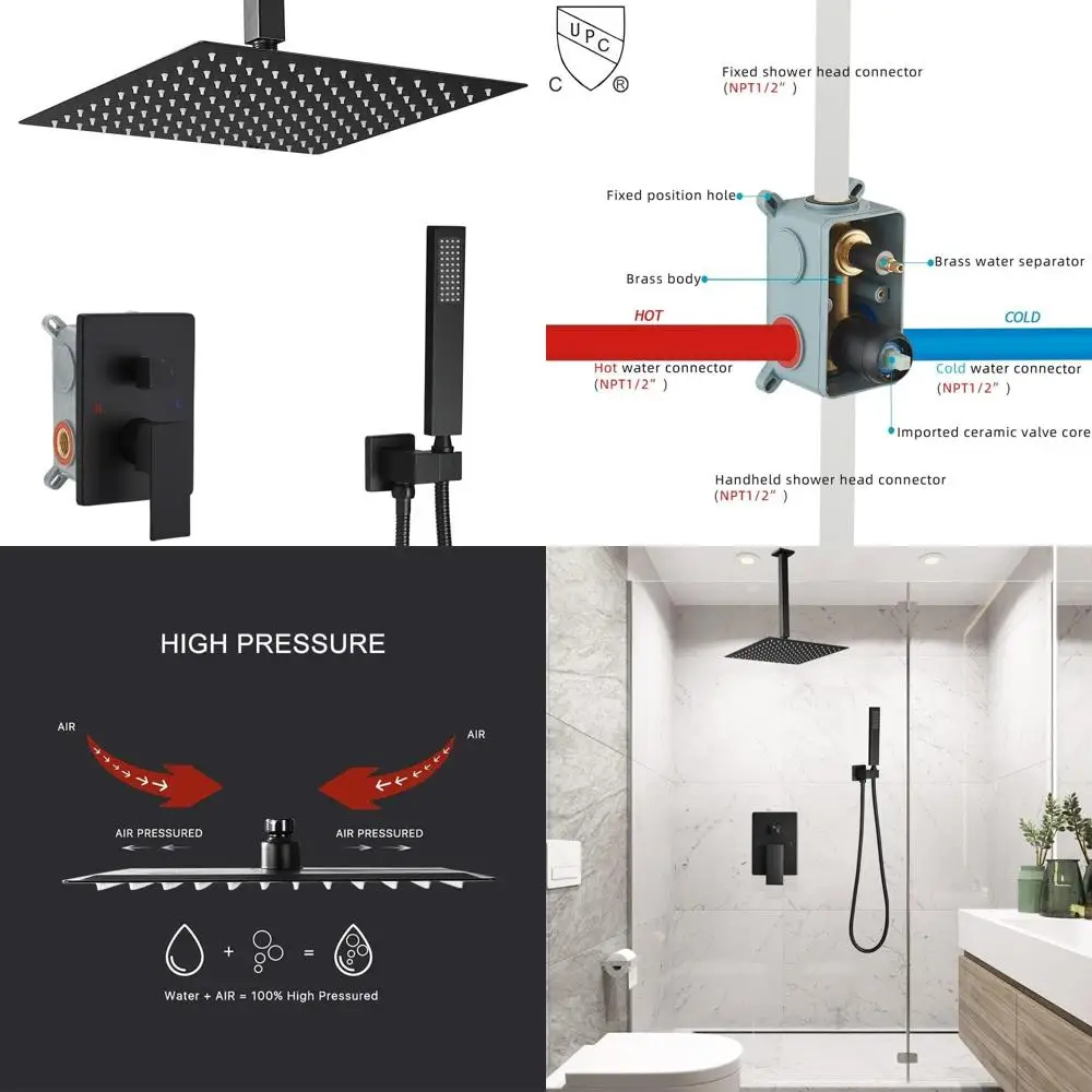 

Luxury Matte Black 12 Inch Rain Shower Head with Ceiling Mount and Handheld Combo Set for High Pressure Bathroom Shower Experien