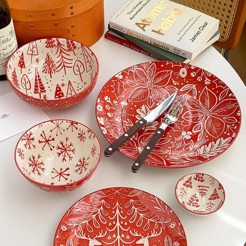 

Christmas Red Ceramic Tableware Bowls Plates Set Christmas Atmosphere Bowls Plates Breakfast Dessert Bowl Decorative Tableware