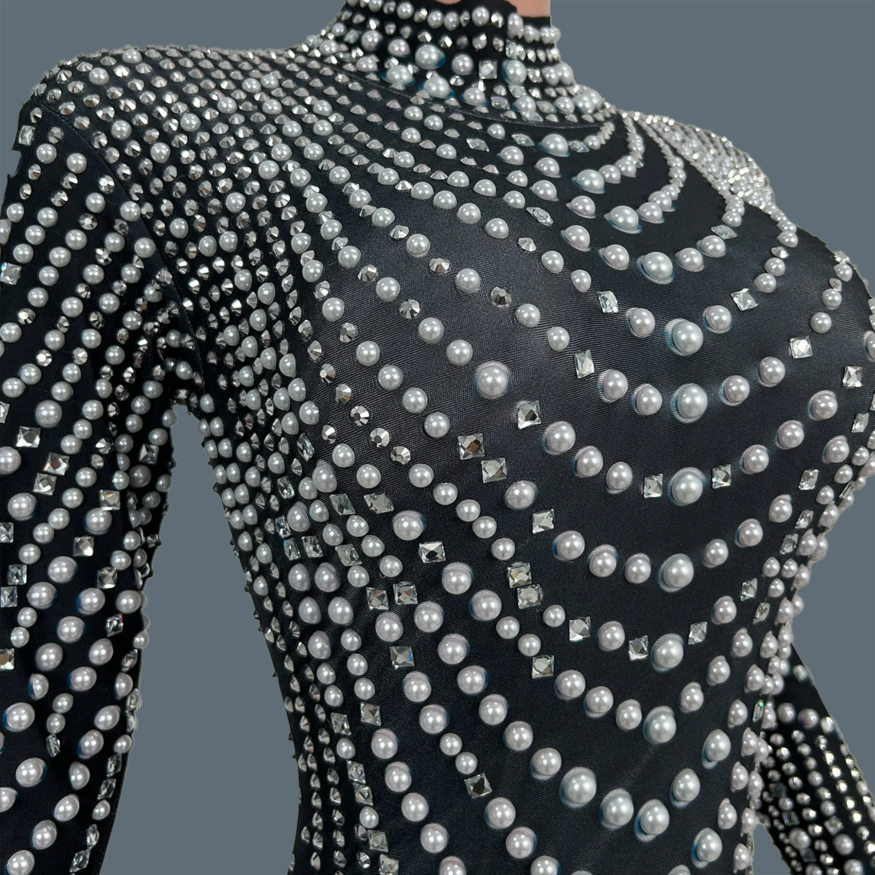 Club Party Drag Queen Performer Wear Event Spandex Elastic Pearls Tight Fitting Jumpsuit Carnival Bar Dance Outfit Zhenzhuwang