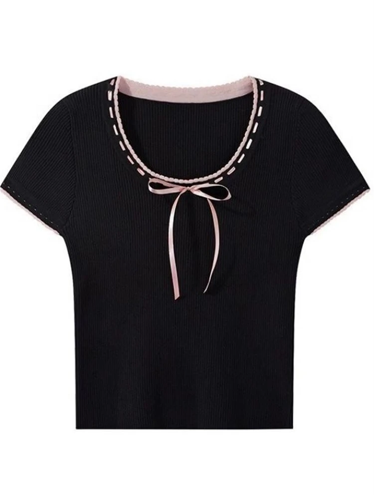 تي شيرت نسائي كوري أنيق مضاد للشيخوخة، محبوك بعقدة ملونة، متعدد الاستخدامات، نحيف، مناسب للصيف