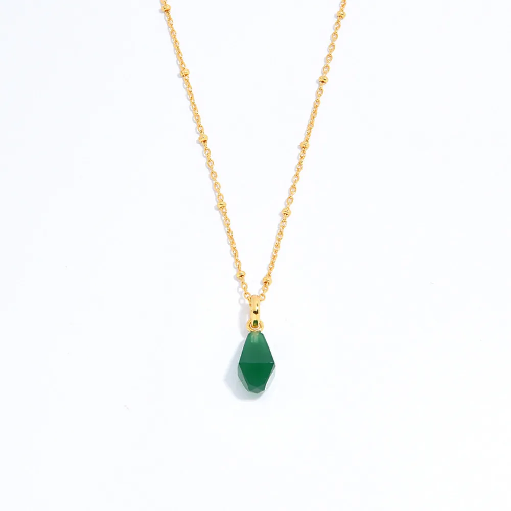 Aneis Bagues Vintage Natural Geometric Green Agate Pendant 925 Sterling Silver Gold Plated Chain Necklace For Women Fine Jewelry