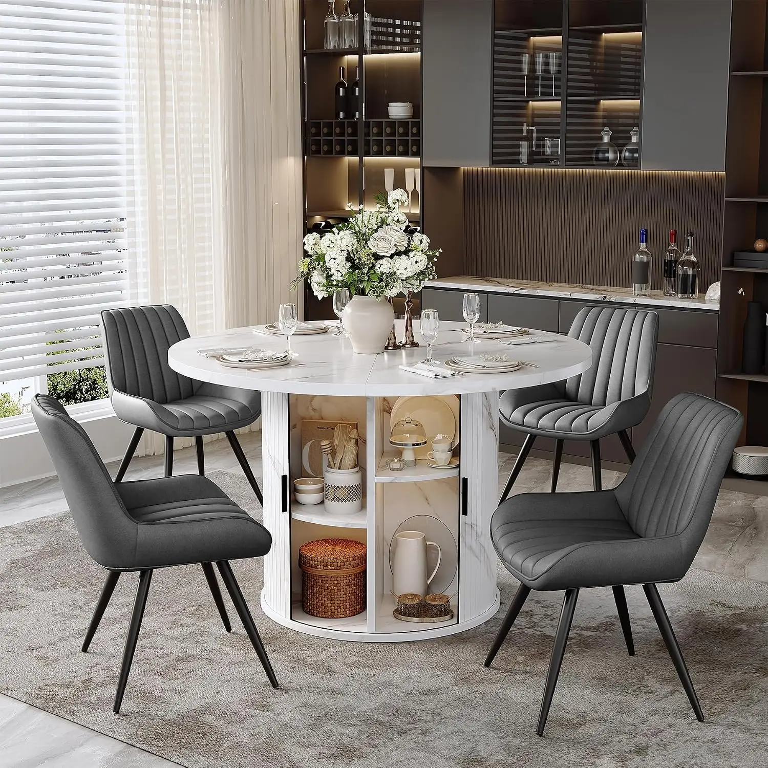 5-Piece Round Faux Marble Dining Table Set with Storage Shelf & Sliding Cabinet, 4 Fabric Chairs, 47 Inch, Customized