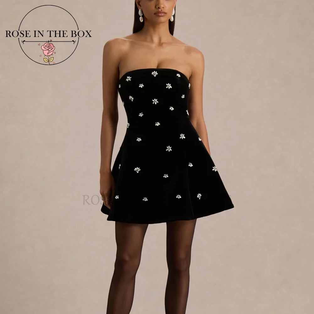 ROSEINTHEBOX Customized A-line Strapless Mini Dress Sparkly with Crystal Floral Evening Dress for Cocktail Parties Christmas