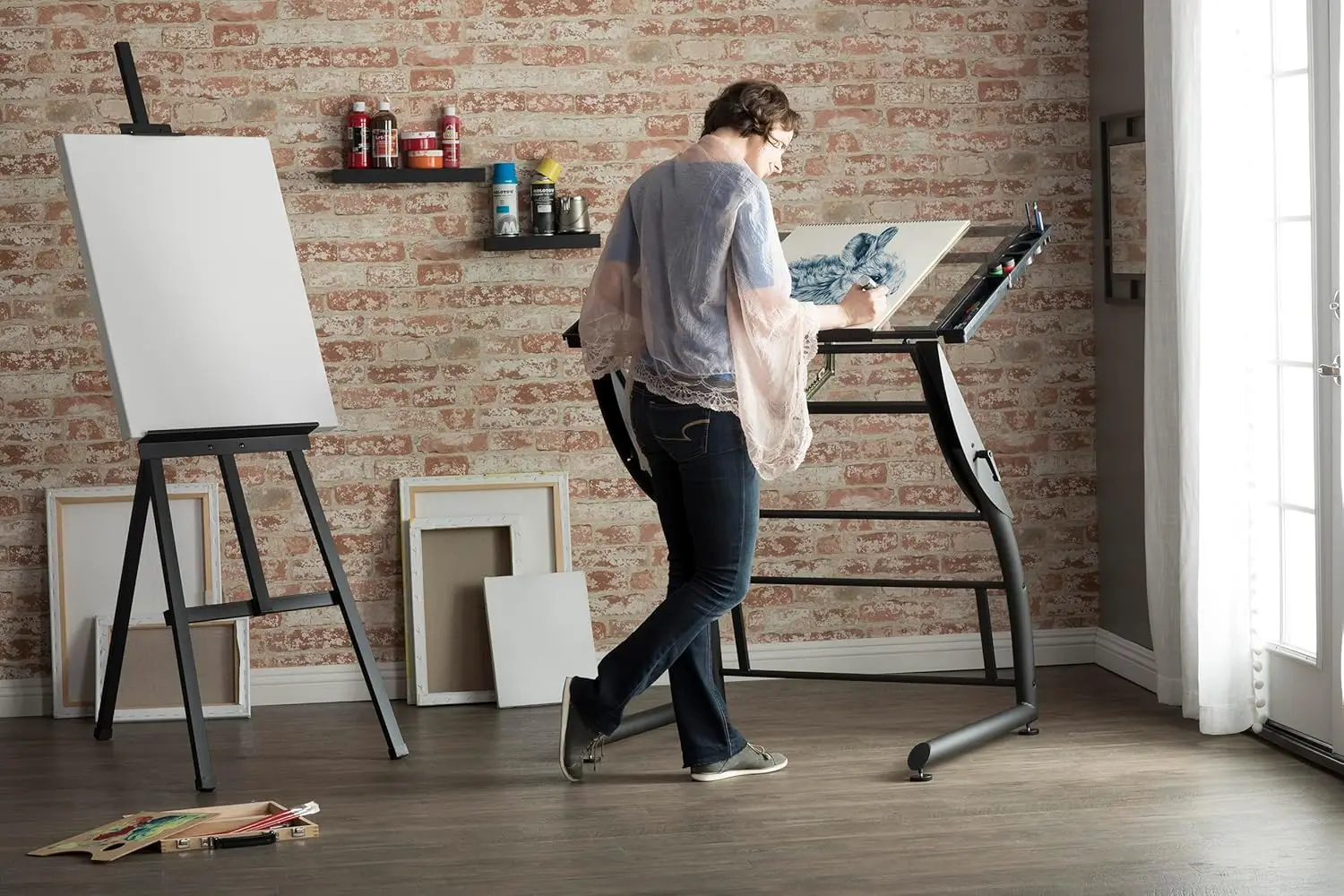 TriDrawing Table, Sit to Stand Up Adjustable Office Home Computer Desk, 35.25' W X 23.5' D, Charcoal Black/Clear Glass
