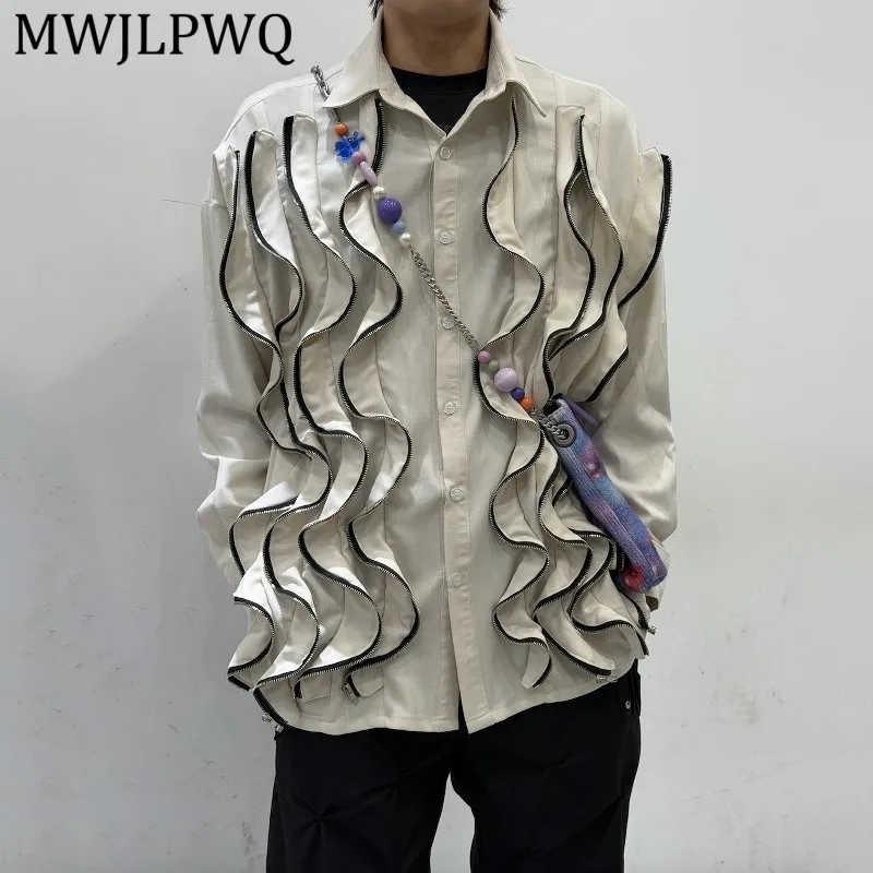 

MWJLPWQ Retro Style Asymmetrical Zipper Pleated Shirts For Men Loose-Fitting Design Niche Long-Sleeve Tops Spring Autumn 15357