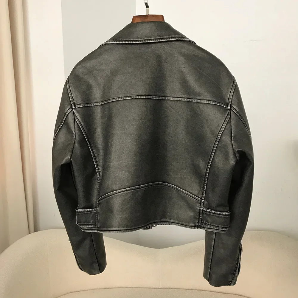 New Fashion Leather Jacket for Women Loose Pu Faux Leather Short Jacket with Belt Female Moto Biker Zipper Lapel Coat Outwear