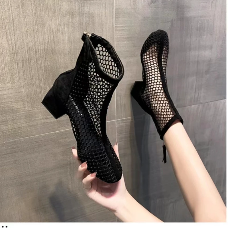 Summer Black Zipper Ankle Boots 2023 New Fashion Mesh Hollow Square Toe Chunky Heel Sandals Solid Color Women\'s High Heels