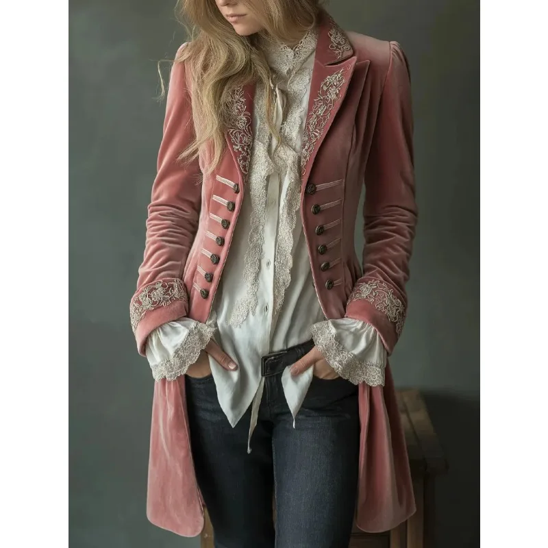 

Женский винтажный золотистый бархатный пиджак-блейзер, весенне-осенний повседневный однотонный пиджак с лоскутным кружевом, элегантный приталенный пиджак с длинными рукавами
