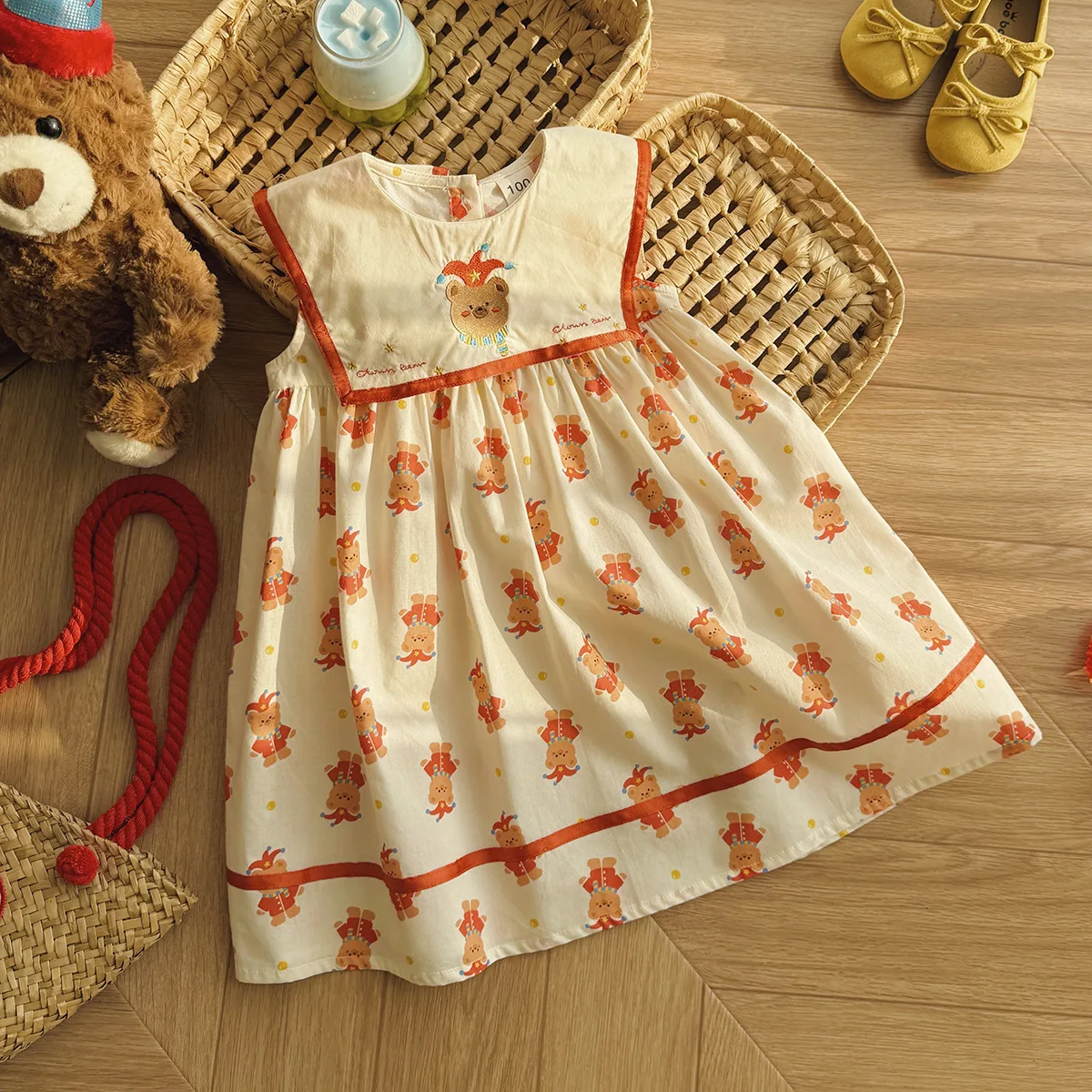 Circus Bear Embroidery Turn-down Collar Girls Dress Summer round Neck Stylish Cute Baby Vest Skirt Fashionable Kids Clothes