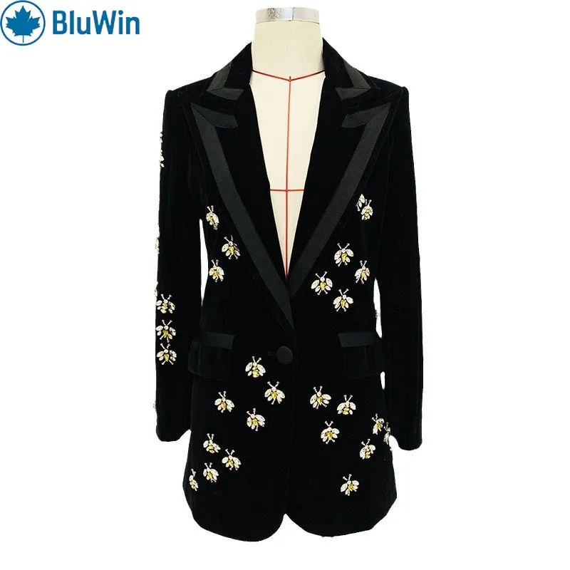 

URBANCHIC Velvet Embellished Blazer Women Single Button Notched Lapel Beaded Applique Black