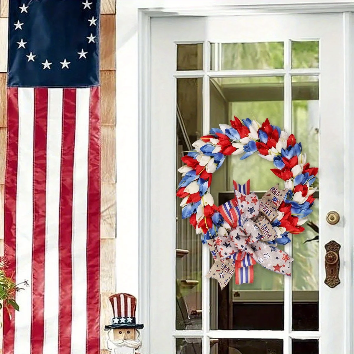 

Patriotic Tulip Bow Wreath, 4Th of July Patriotic Memorial Day America Stars Blue Wreath for Front Door, Independence