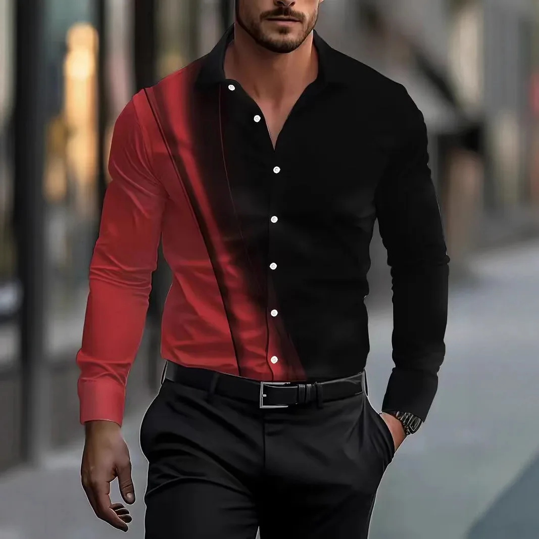Men's Shirt New Color Matching Business Casual Four-sided Elastic Printing Shirt Men's Long Sleeves