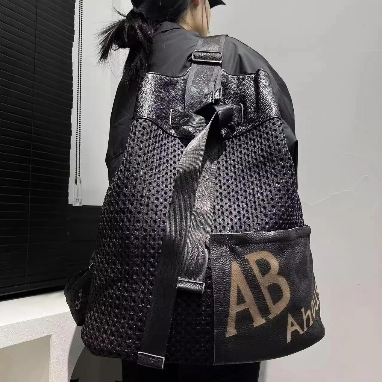 Ladies' Fashionable Nylon Mesh Stitched Backpack with Large Capacity Splicing Casual Unisex Handbag Shoulder Bag Travel Backbag