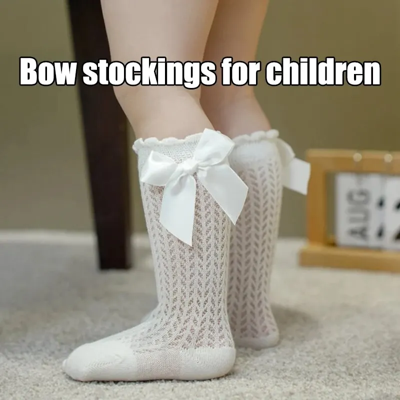

1Pair Children's Bow Tie Solid-Color Mesh Bow Tie Mid-Length Stockings Baby Socks Suitable For All Four Seasons