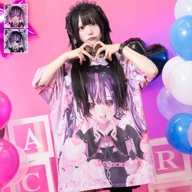 The Latest Dark Gothic Printed T-shirt, Genjuku Style Kids/adult Subculture Y2k Role-playing Loose Plus Size Short Sleeved Shirt