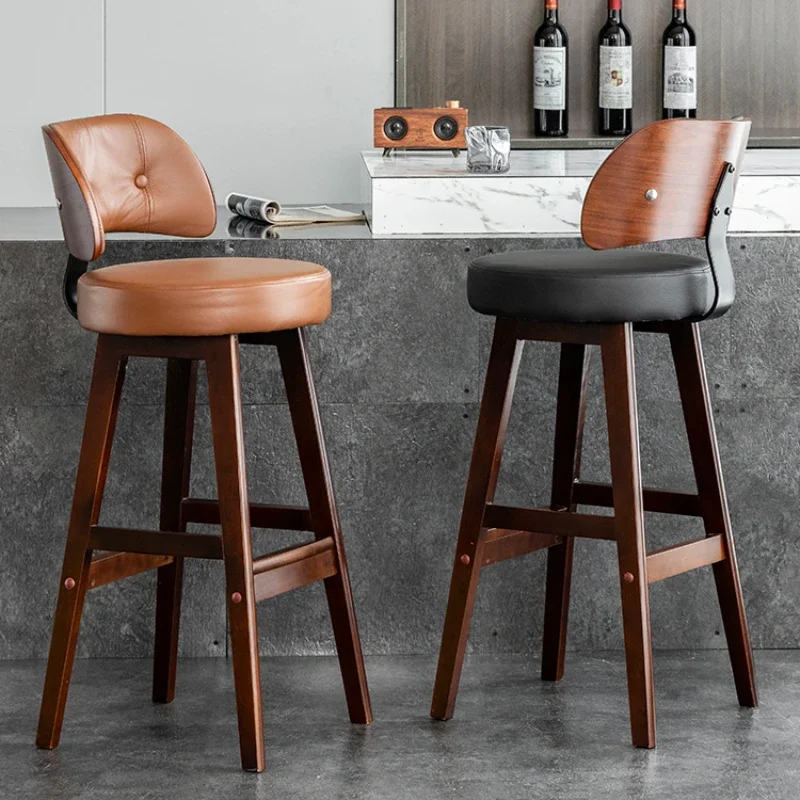 Solid Wood Bar Chair Simple Luxurious Household Leather Retro Leather Bar Chair Backrest High Footed Stool Home Furniture