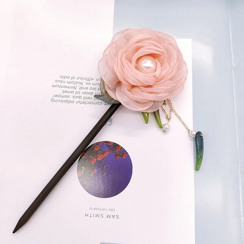 

High-end niche peony flower green bamboo stream rosewood hair clips, ancient-style flower hair clips and hair bun accessories