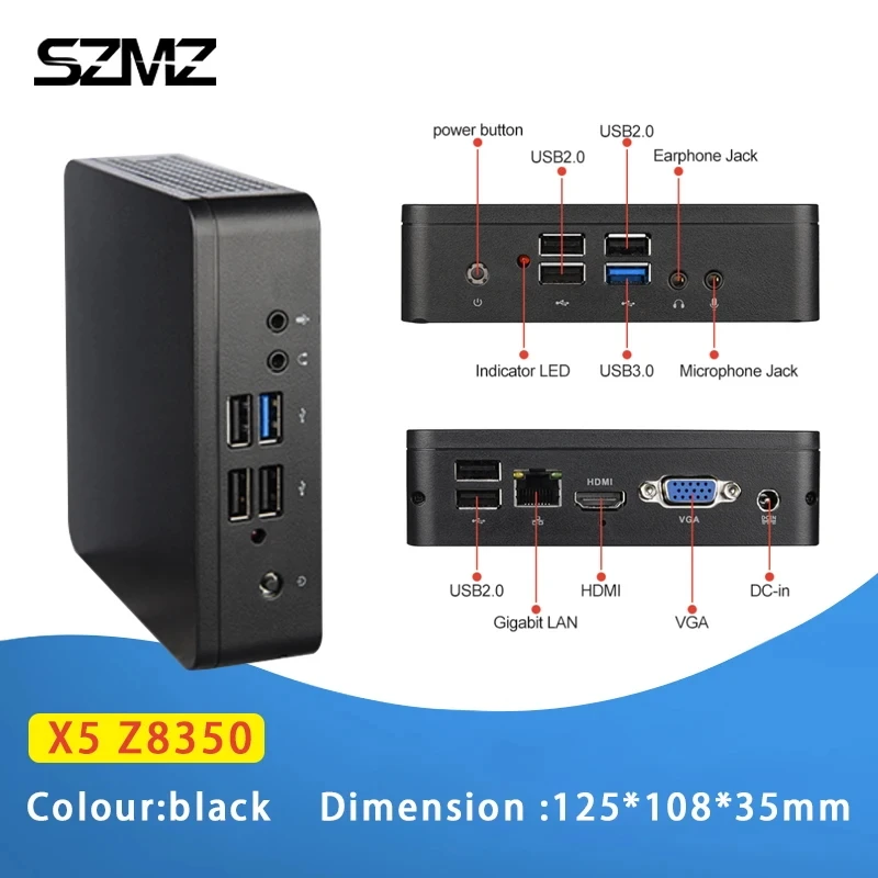 Szmz mini pc x5 z8350 1,92 ghz 4gb ram 64gb ssd wnidows 10 linux unterstützung 2,5 zoll hdd vga & hd dual ausgang win10 desktop computer