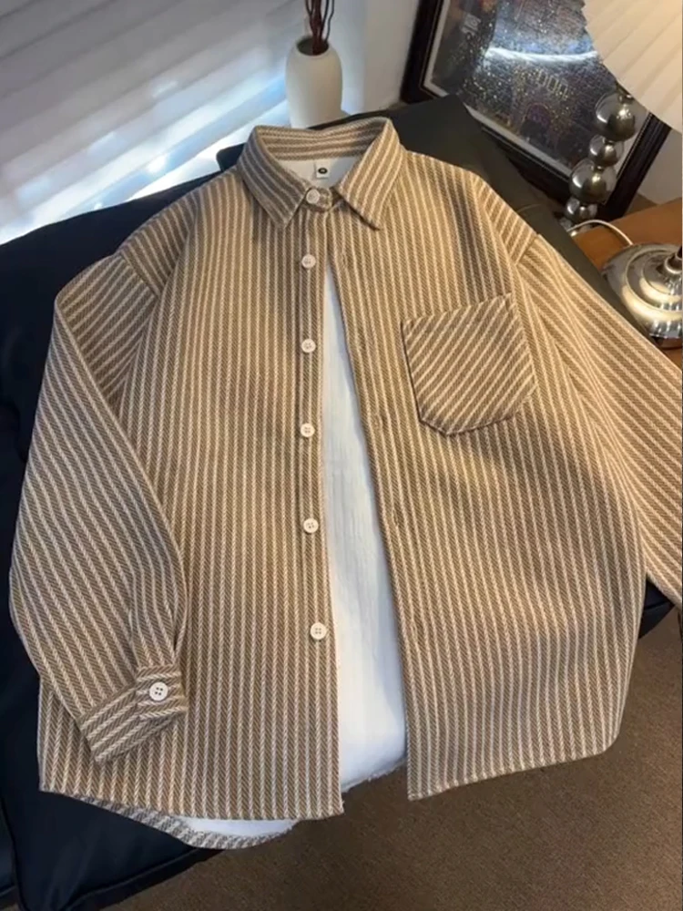

Khaki Striped Button-Up Long Sleeve Men's Shirt Vintage Warm Inner Wear Spring Autumn Lazy Style Jacket Casual Loose Fit