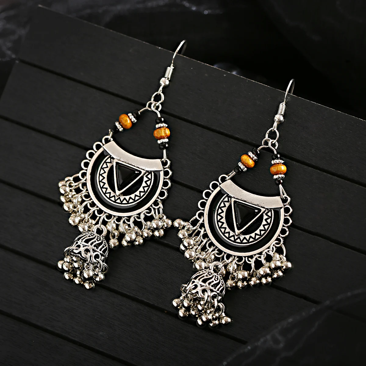 Boho Retro Silver Color Turkish Jhumka Earrings For Women Beaded Tassel Classic Carved Indian Bollywood Bell Earrings Jewelry