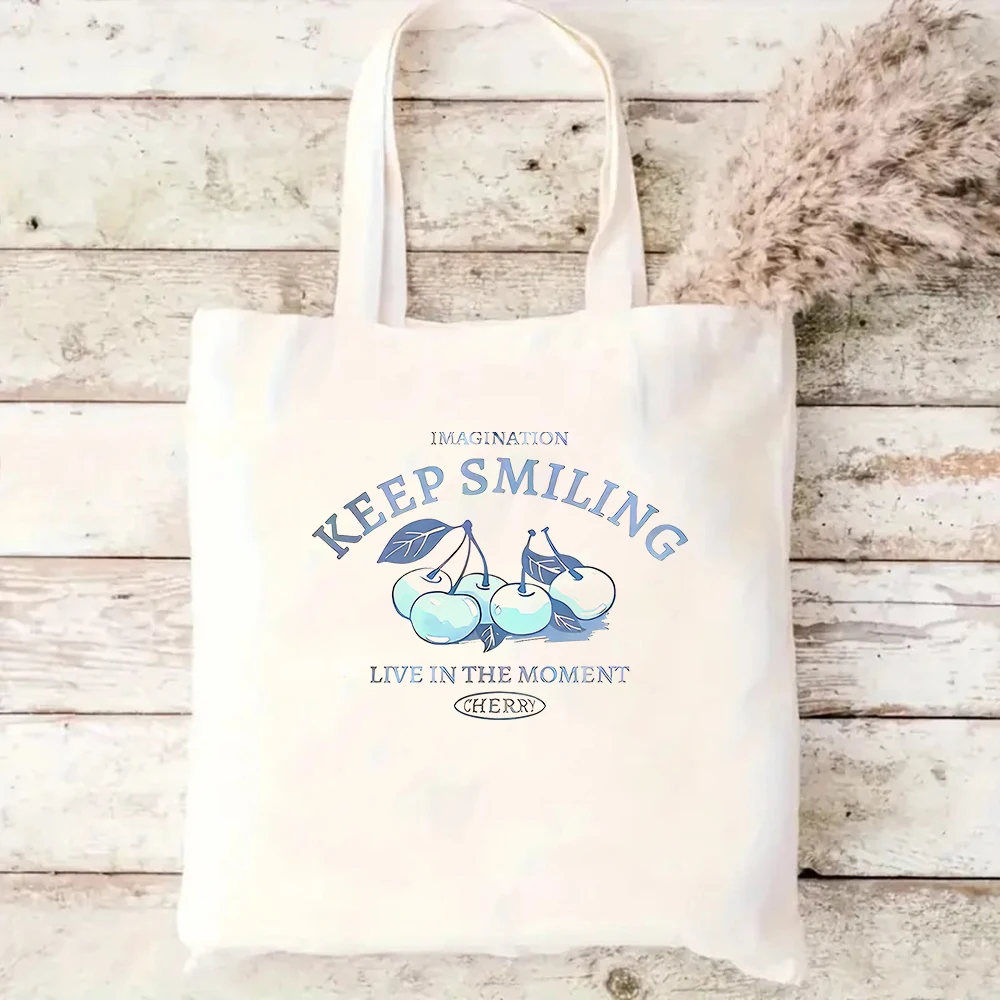 

Keep Smiling Cherry Canvas Tote Bag Inspirational Quote Shoulder Bag