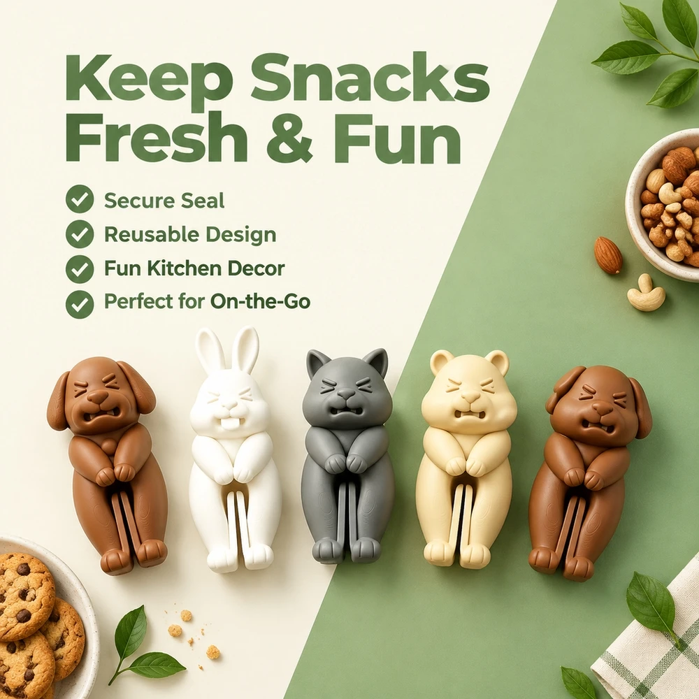 Set of 5 Creative 3D Pet Shaped Bag Clips Dog Rabbit Cat Bear Design Food Package Sealers Moisture Proof Kitchen Tools