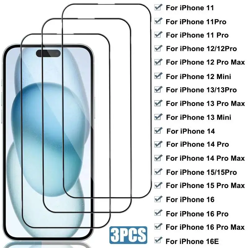 

3PCS Tempered 15 14 13 12 11 12Mini 13Mini Screen Protector For Iphone 16 Pro Max 16E Full Cover Glass