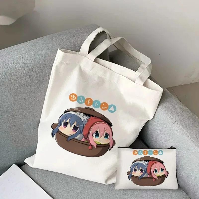 2pcs/set Yuru Camp Anime Women\'s Tote Cosmetic Bag Fashion Nadeshiko Shoulder Eco Large Capacity Travel Shopping Bag Wallet Gift