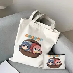 2pcs/set Yuru Camp Anime Women's Tote Cosmetic Bag Fashion Nadeshiko Shoulder Eco Large Capacity Travel Shopping Bag Wallet Gift