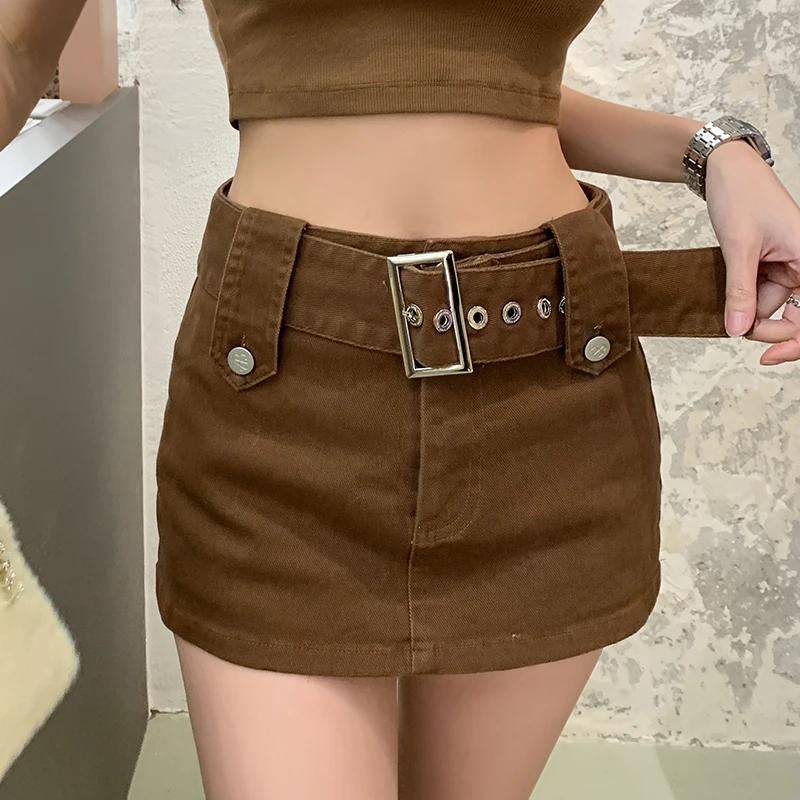 Summer Micro Mini Denim Skirts Women High Waist with Belt Short Skirts Brown Skinny Stretch Fashion Sexy Skirt with Shorts Girls