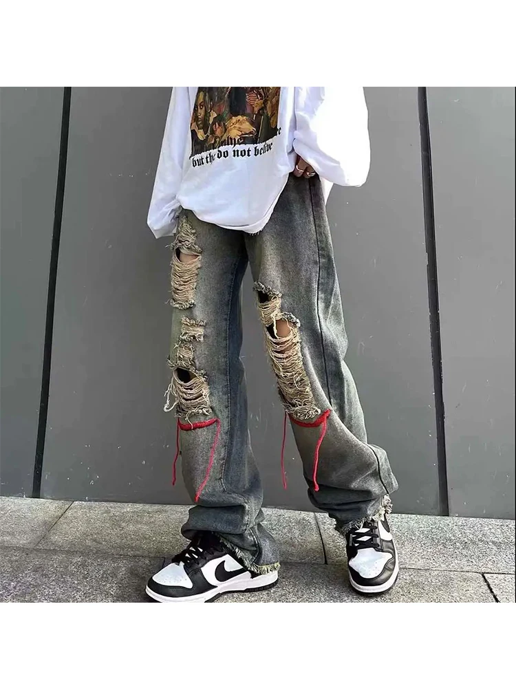 

Women Ripped Jeans Pants Punk Denim Trousers Straight Leg Jeans Hip Hop Harajuku Korean Streetwear Hippie Hole Trouser Feamle