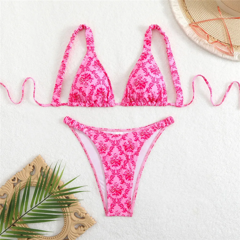 

Pink Vintage Print Triangle Micro Thong Bikini Set Sexy Swimsuit Women 2025 Lace-up String Swimwear Bathing Suit Bikinis Mujer