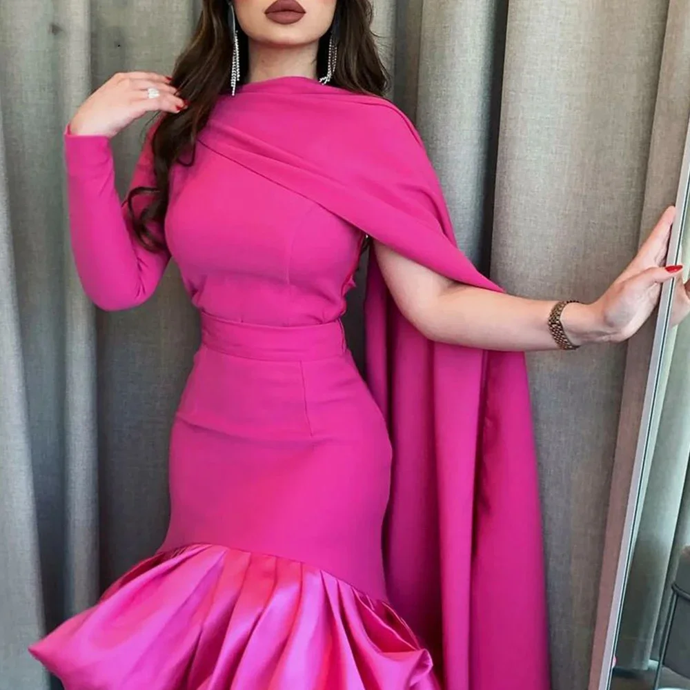 

Charming Rose Red One Shoulder Long Sleeve Mermaid Ruffled Prom Dress Chiffon Dubai Arab Formal Occasion Evening Dresses 2023