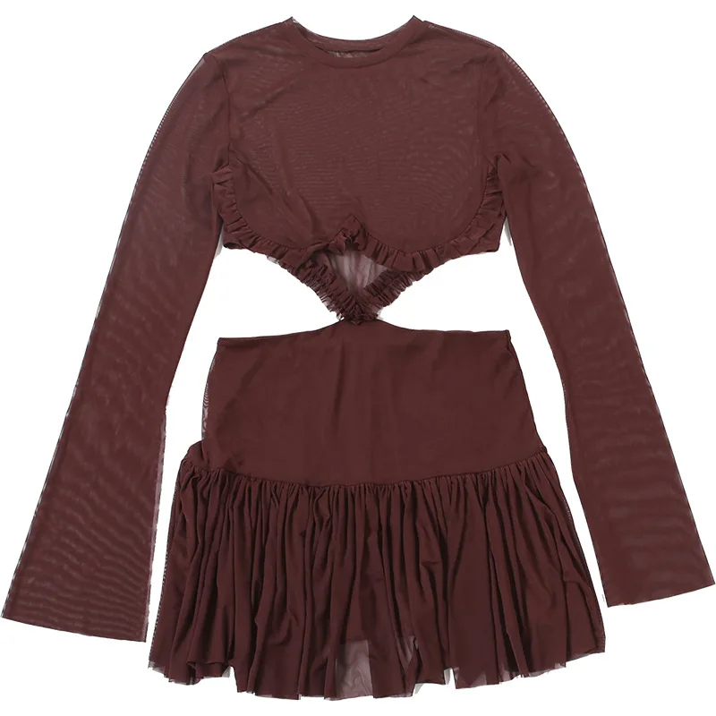 SsTss Sexy See Through Mesh Short Dress Women Fashion New O Neck Long Sleeve Cutout High Waist A Line Mini Party Club Dress