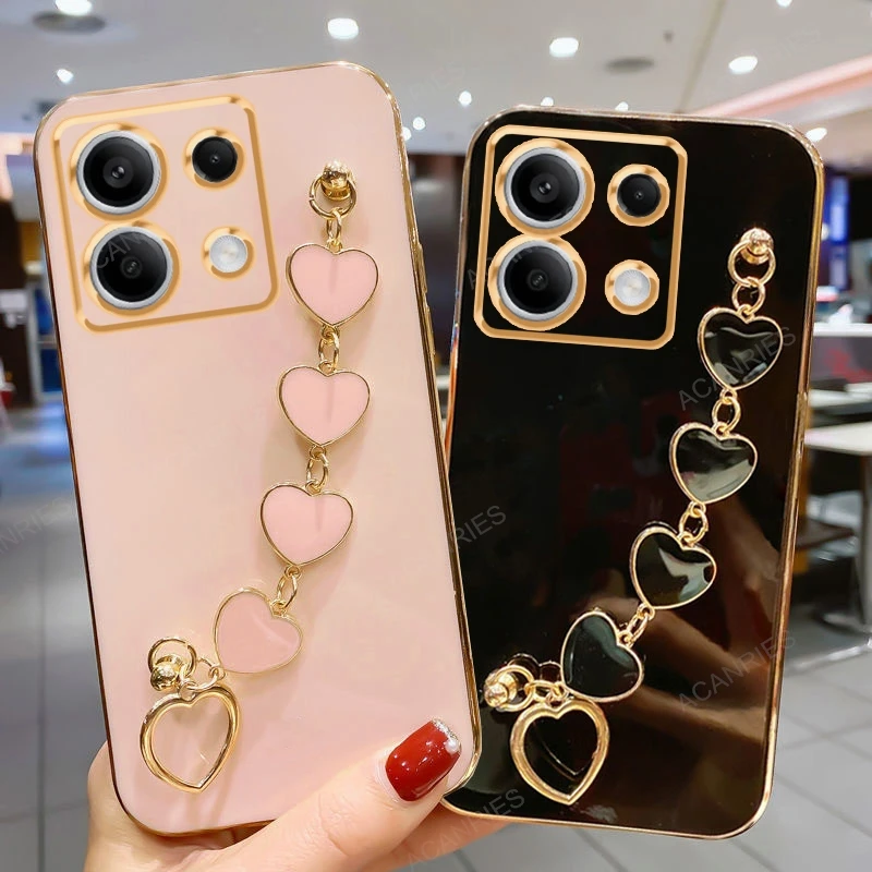 RedmiA4 Luxury Plating Love Heart Bracelet Chain Case For Xiaomi Redmi A4 A3 5G Soft Back Cover On A3X RedmiA3 A45G