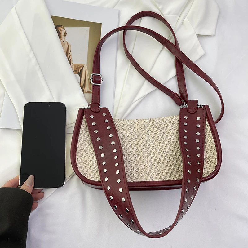 2024 Zomer Strotas Voor Dames Franse Stijl Onderarm Schoudertas Brede Riem Handtas En Tas Luxe Klinknagel Geweven Crossbody Tas