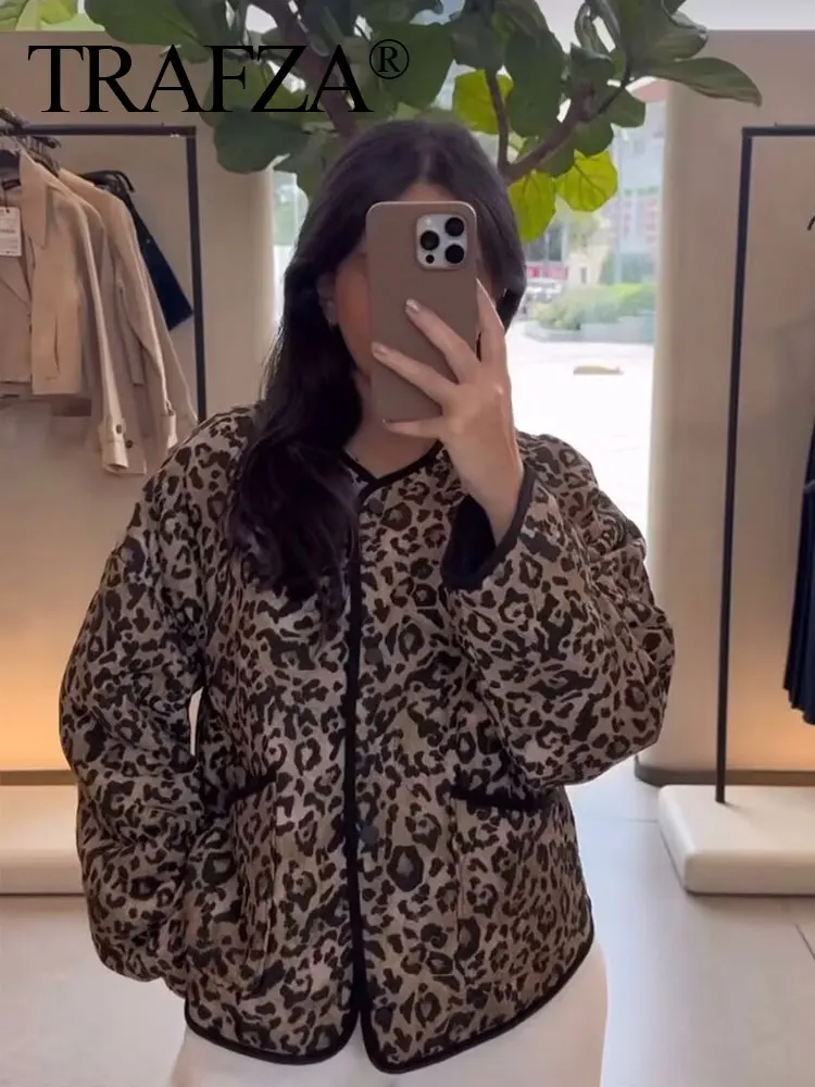 TRAFZA 2024 Casual Leopard Print Cotton Coats For Women Autumn Single-Breasted Pockets Long Sleeves O Neck Street Fashion Jacket