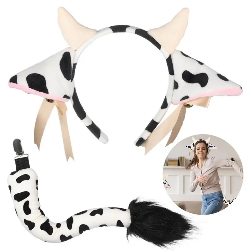 4Pcs Cow Costume Set Kids Cosplay Costumes With Cow Ears Headband Nose Bowtie Tail Party Cosplay Halloween Dress Up Accessory