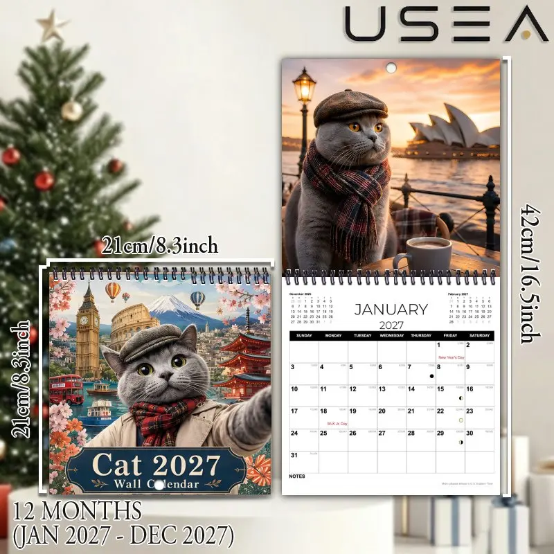 2027 Square Spiral Wall Calendar,Travel Cat Planner with Habit Tracker, US Federal Holidays & Moon Phases, Ideal Christmas Gift